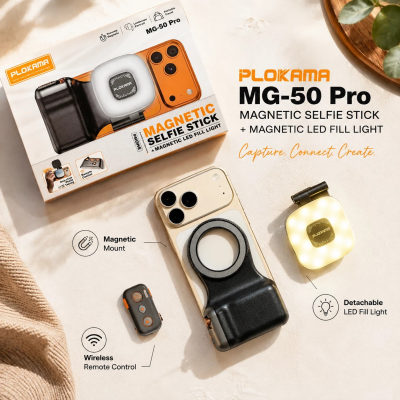 Plokama MG-50 Pro Magnetic Selfie Stick with LED Fill Light & Remote